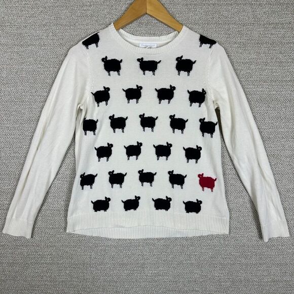 Charter Club Petite White Black Sheep Pattern Sweater‎ Cotton Blend Pullover P/S - Picture 1 of 11